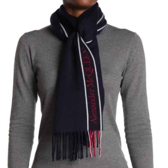 ALEXANDER MCQUEEN Fringe Wool & Cashmere Scarf, Navy/Red, Designer, NWT